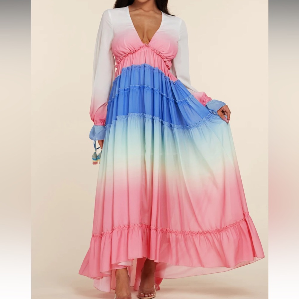 Lilly’s Kloset Josetta colorful tassel tiered plunge ruffle maxi dress NWT